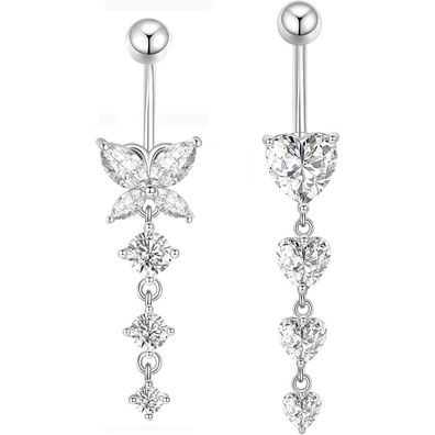 Gojewen 2er Bauchnabelpiercing 10mm Herz Anhänger, Chirurgenstahl, Silber & Gold