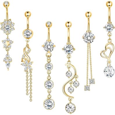 Kakonia 6er Set Bauchnabelpiercings 14G Chirurgenstahl mit Zirkonia, Goldfarben