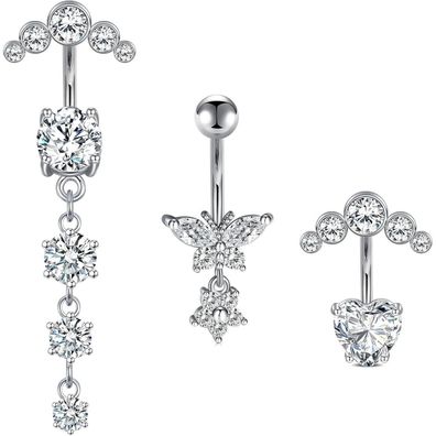 D. Bella 3er Set Bauchnabelpiercings aus Chirurgenstahl 14G mit Herz, Blume und