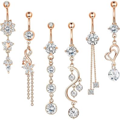 Kakonia 6er Set Bauchnabelpiercings 14G Chirurgenstahl mit Zirkonia, Roségold