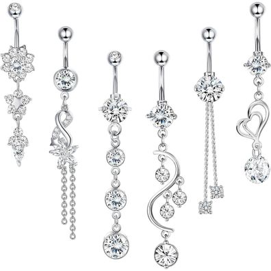 Kakonia 6er Set Bauchnabelpiercings 14G aus Chirurgenstahl mit Zirkonia, Curved