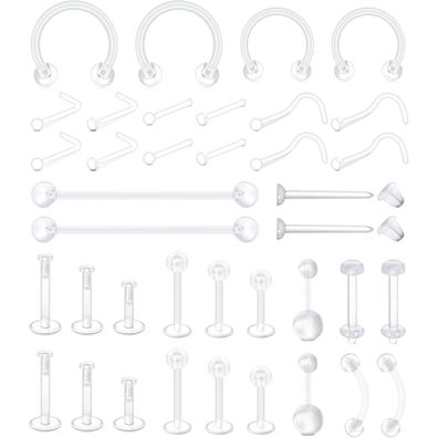 MODRSA 38tlg Klar Körperpiercing Set - Bauchnabel, Lippe, Nase, Augenbraue