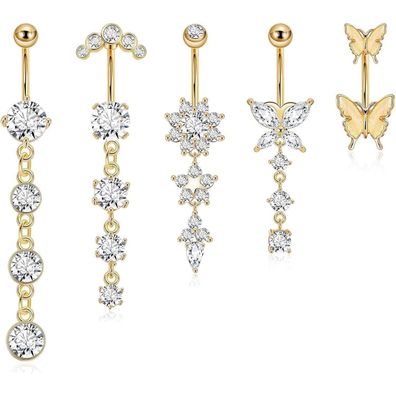 CharmBurst 5er Set Hängendes Bauchnabelpiercing aus Chirurgenstahl, Goldfarben