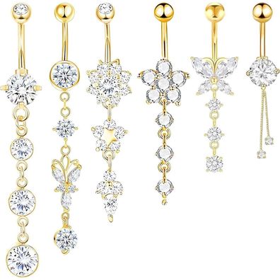CharmBurst 6 Stück Hängendes Bauchnabelpiercing Set Gold, Chirurgenstahl Belly