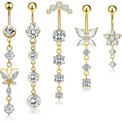 CharmBurst 5er Set Hängendes Bauchnabelpiercing aus Chirurgenstahl, Gold, mit