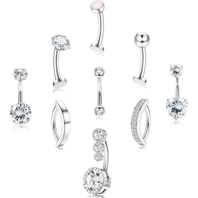 Morfetto Bauchnabelpiercing Set 9tlg. Chirurgenstahl 14G Silber Zirkonia Opale
