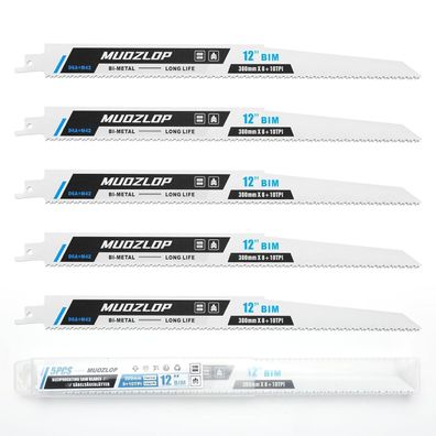 Muozlop 5er Set Säbelsägeblätter 300mm 8 + 10TPI für Metall, Kunststoff, Gerüst