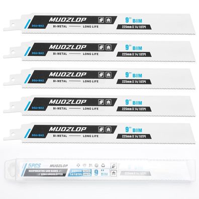 Muozlop 5er Set Säbelsägeblätter 225mm, 14/18 TPI für Metall, Bimetall mit
