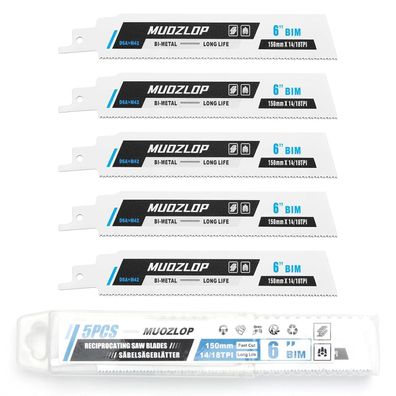 Muozlop 5er Set Säbelsägeblätter 150mm, 14/18 TPI für Metall, Bi-Metal mit