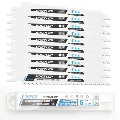 Muozlop 10x Säbelsägeblätter 150mm 8 + 10 TPI für Metall, Bi-Metal