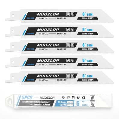 Muozlop 5er Set 150mm Säbelsägeblätter, 18 TPI, für Metall, Bi-Metall mit Kobalt