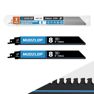Muozlop 2 Stück Hartmetall Säbelsägeblätter 225mm 8TPI für Stahl, Gusseisen