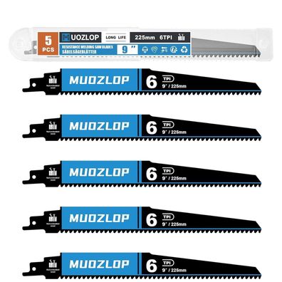 Muozlop Hartmetall Säbelsägeblätter 225mm 6 TPI, 5 Stück für Holz, Kunststoff