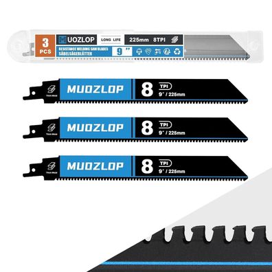 Muozlop 3er Set Säbelsägeblätter Hartmetall, 225 mm, 8 TPI für zähen Stahl