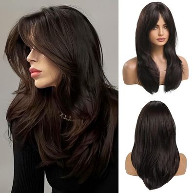 OUFEI Lange Dunkelbraune Synthetik-Perücke mit Pony, 20 Zoll, für Damen