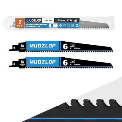 Muozlop Hartmetall Säbelsägeblätter 225mm, 6 TPI, 2 Stück für Holz, Kunststoff