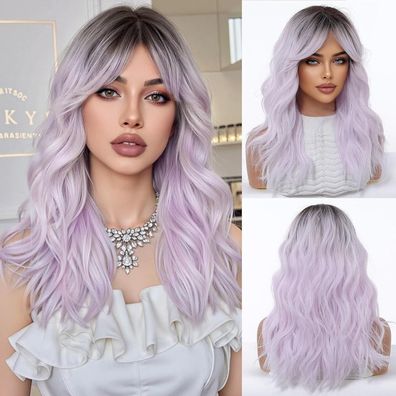 OUFEI Lange Ombre-Perücke hellviolett mit Pony, gewellt, hitzebeständig