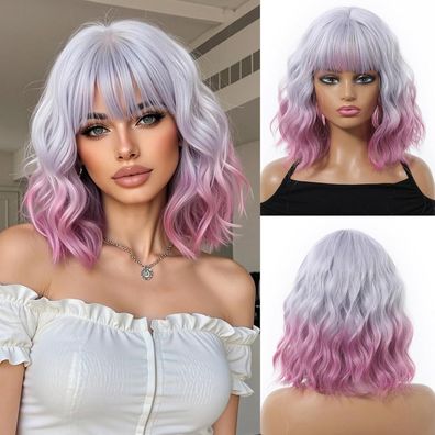 OUFEI Ombre Hell Lila Bob Perücke für Damen - Kurze gewellte Kunstfaser-Perücke