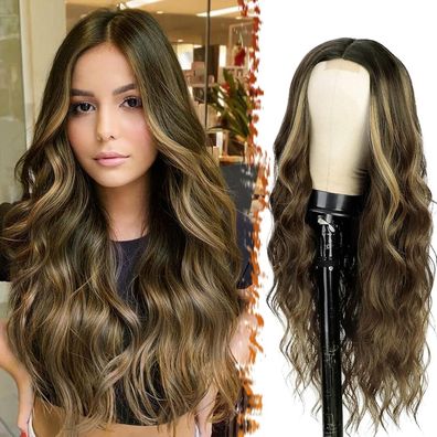 Barsdar Lange Wellige Blond Highlight Perücke 66cm Mittelscheitel Lockig