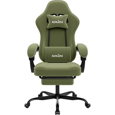 SUKIDA Gaming Stuhl Grün, Ergonomischer Stoff PC-Stuhl mit Fußstütze und