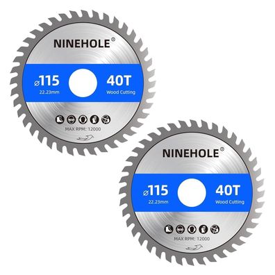 Ninehole 2x 115mm Kreissägeblatt, 40T, 22.23mm Bohrung für Holz & Kunststoff