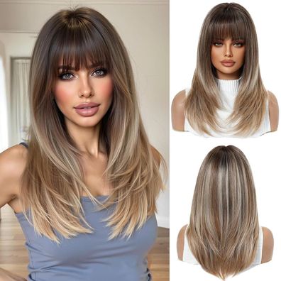 OUFEI Ombre Braun gemischt Blond Mittellange Lange Gerade Perücke mit Pony