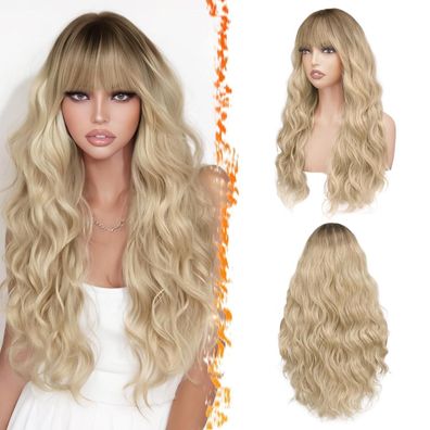 Barsdar Lange Gewellte Ombre Blond Perücke mit Pony für Frauen - Synthetisch
