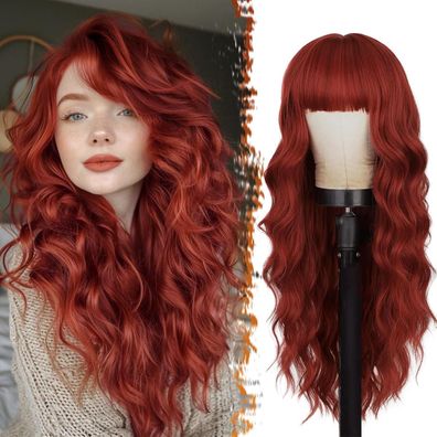 Barsdar Lange Gewellte Kupfer Rot Perücke mit Pony, 66cm Natürliches Aussehen