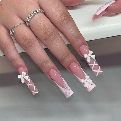 GlamRays Pink Quadratische French Tip Press on Nails, 24 Stück, 3D Schleife
