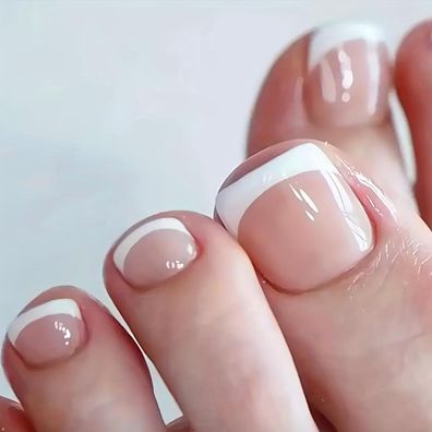 24 Stück Französisch Weiß Zehennägel zum Aufkleben, Kurze Beige Rosa Falsche