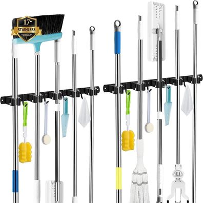AceMining Besenhalterung Wand, 2er Pack Schwarz, 5 Halter + 4 Haken, Schwerlast