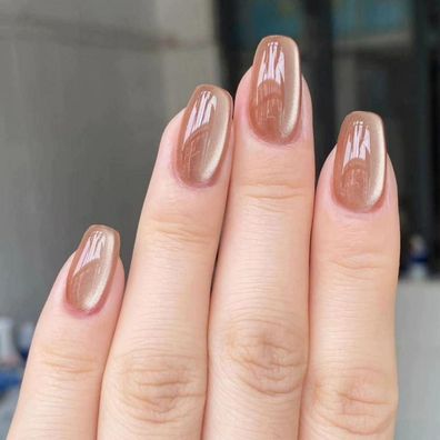 Justotry 24 Stück Cat Eye Nägel Zum Aufkleben Kurz, Eckig, Naked Brown, Glossy