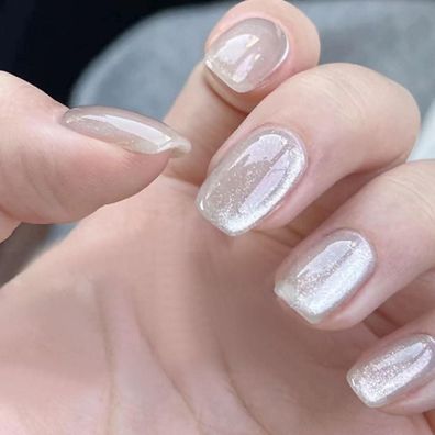 Justotry 24 Stück Cat Eye Nägel Zum Aufkleben Kurz, Weiß & Silber Eckig, Glossy