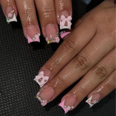 Justotry 24 Stück Rose & Weiß Kurz Eckig Press on Nails mit Schleife & Strass