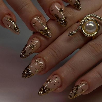 Justotry 24 Stück Sterne Nägel Zum Aufkleben Kurz Mandel Press on Nails mit 3D