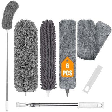 Kelursien Staubwedel Teleskop Waschbar, Ausziehbar bis 245cm, 6er Set Grau