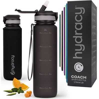 Hydracy Trinkflasche 1L mit Strohhalm und Zeitmarkierung - BPA-frei