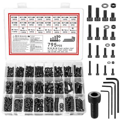 Vwoqiy 795tlg Schrauben Set M3-M6 mit Muttern & Unterlegscheiben, Innensechskant