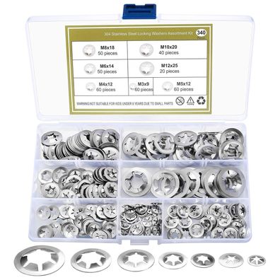 Haochen 340 Stk Innenzahn Sicherungsscheiben Sortiment Kit M3-M12, Silber
