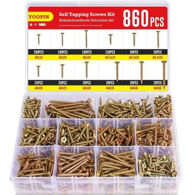 YOOPIN Holzschrauben Set, 860 Stück, M3 M3.5 M4, Selbstschneidend, Senkkopf