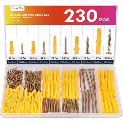 Gorffy 230 Stück Schrauben & Dübel Set (115 Holzschrauben, 115 Spreizdübel) für