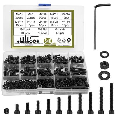 HonQiShiMY 540M4 Schrauben-Set M4 Sechskant, Schwarz Vernickelt, 540 Teile