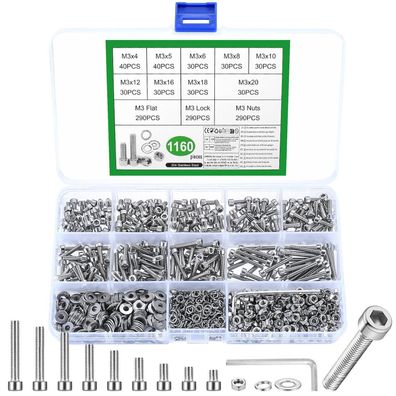 1160tlg M3 Schrauben Set Edelstahl Zylinderschrauben mit Muttern und