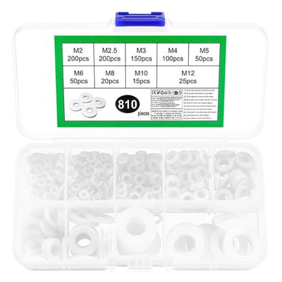 810 Stück Nylon Unterlegscheiben Kunststoff weiß, flaches Set, Distanzhülsen