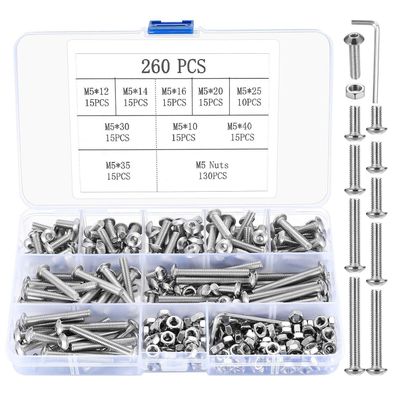 M5 Schrauben Set, 260 Stück Linsenkopf Sechskantschrauben mit Muttern Kit