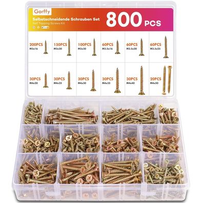Gorffy Schrauben Set, 800 Stück Selbstschneidende Holzschrauben mit Senkkopf