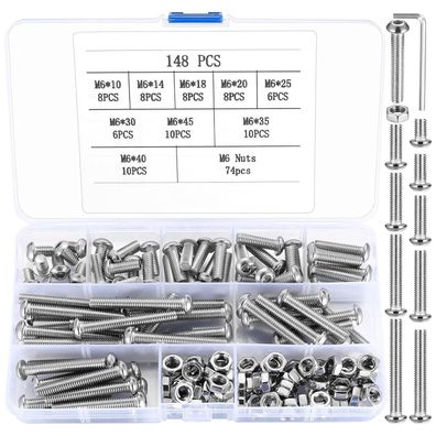 SZSLMY M6 Schrauben Set, 148 Stück Linsenkopf Sechskantschrauben mit Muttern