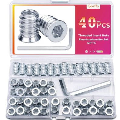 Gorffy Einschraubmutter M8 x 25mm, 40 Stück, Legierter Stahl, für Holzmöbel