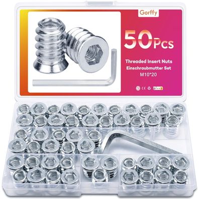 Gorffy Einschraubmutter M10 x 20mm, 50 Stück, Gewindeeinsatz für Holz