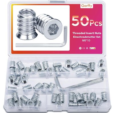 Gorffy Einschraubmutter M6 x 10mm, 50 Stück Gewindeeinsatz für Holz, Legierter